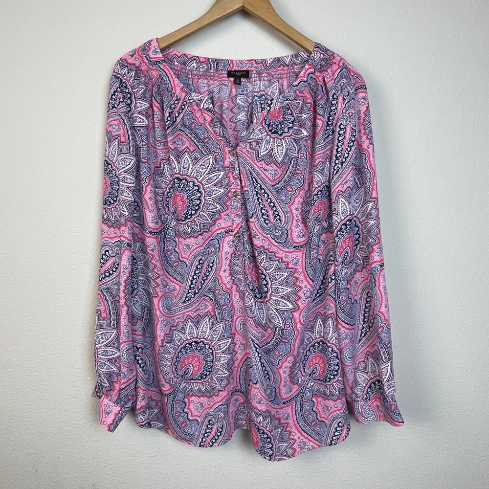 Talbots Woman 1X Pink Paisley Print Long Sleeve V Neck Blouse Fairycore Office